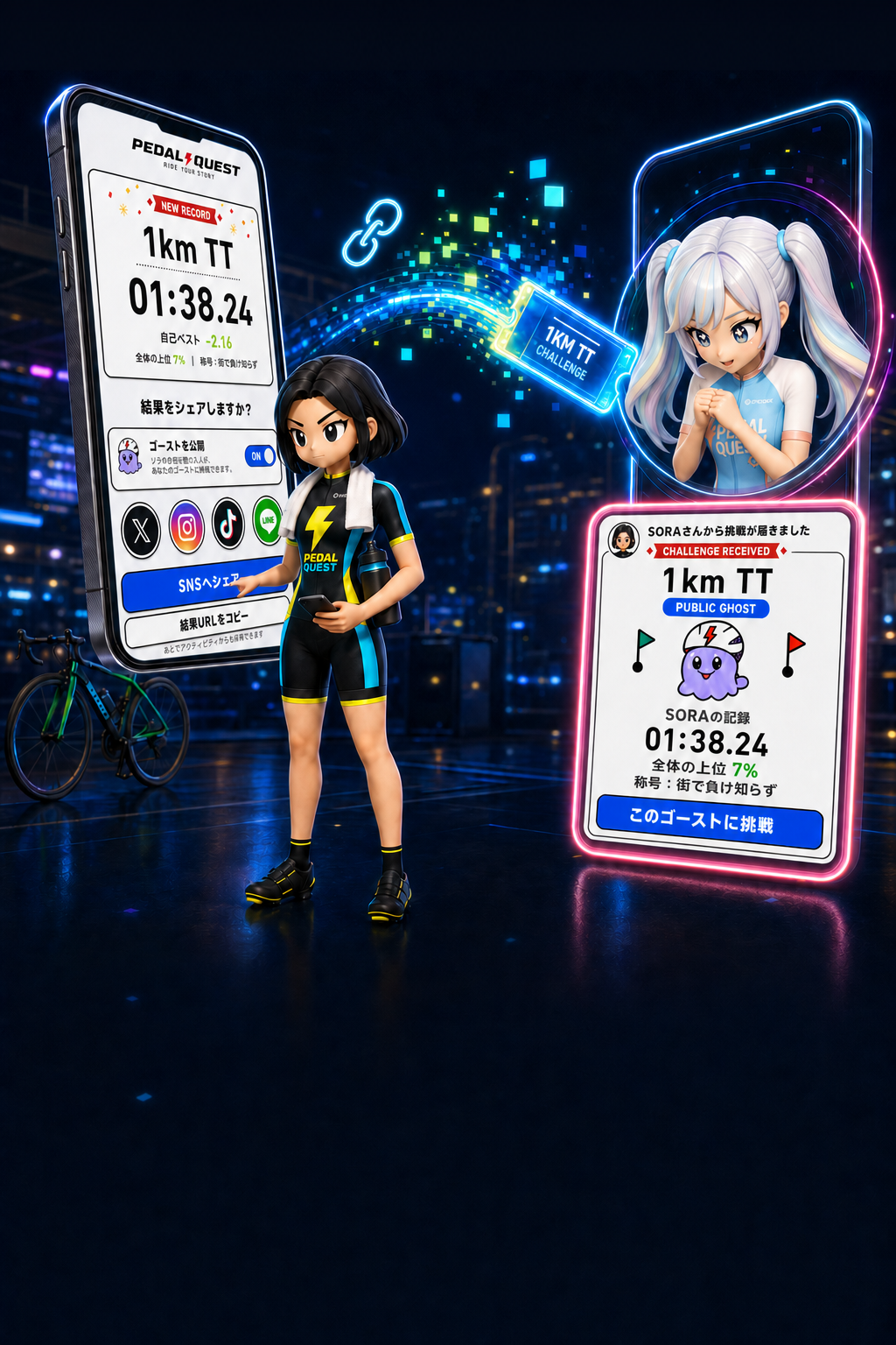 左のスマートフォンから1km TTの結果とゴーストを共有し、右では白髪のPEDAL QUESTライダーが届いたSORAの記録、上位7パーセント、称号付きの挑戦画面を覗き込むチャレンジリレー