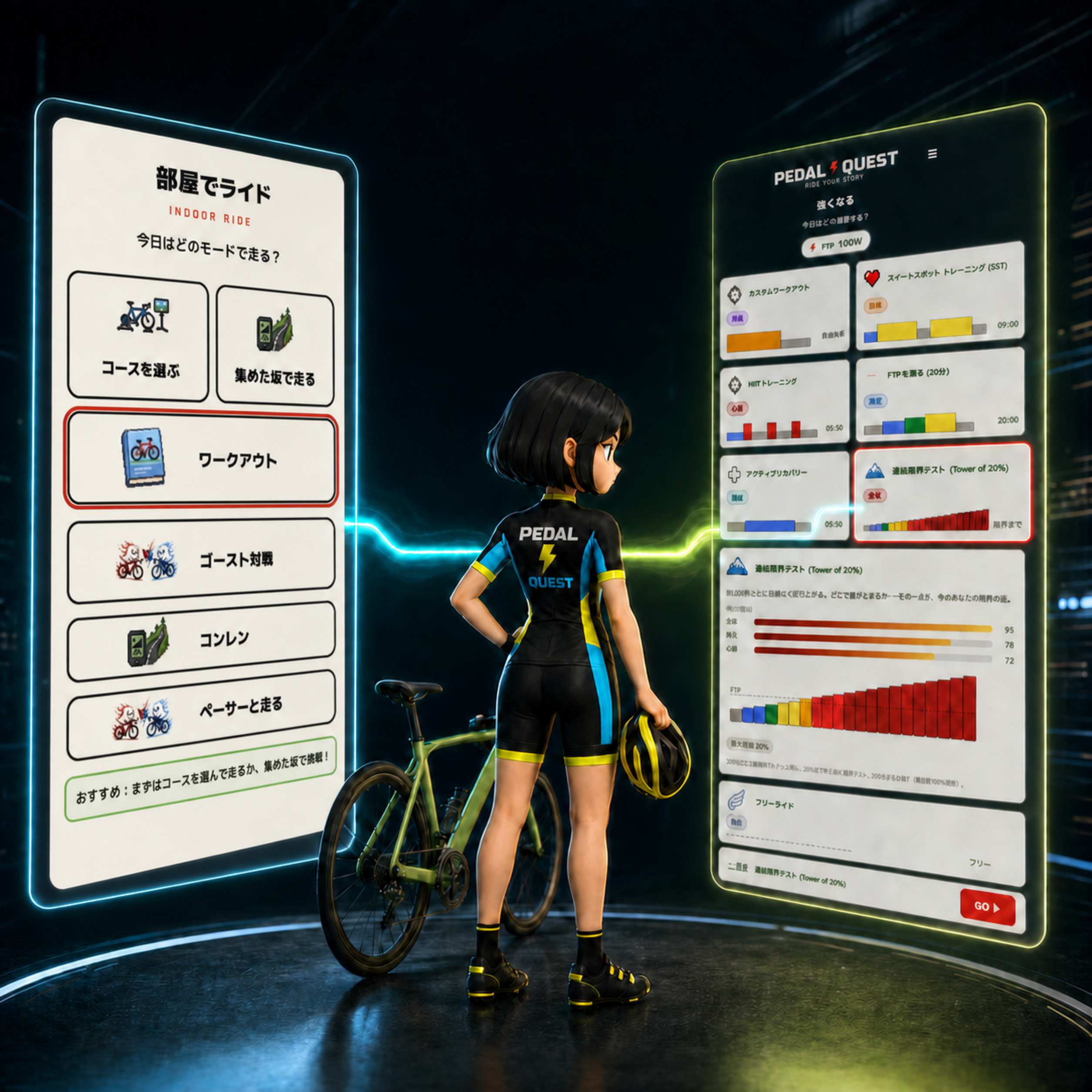 部屋でライドのモード選択とワークアウト選択を確認するPEDAL QUESTライダー