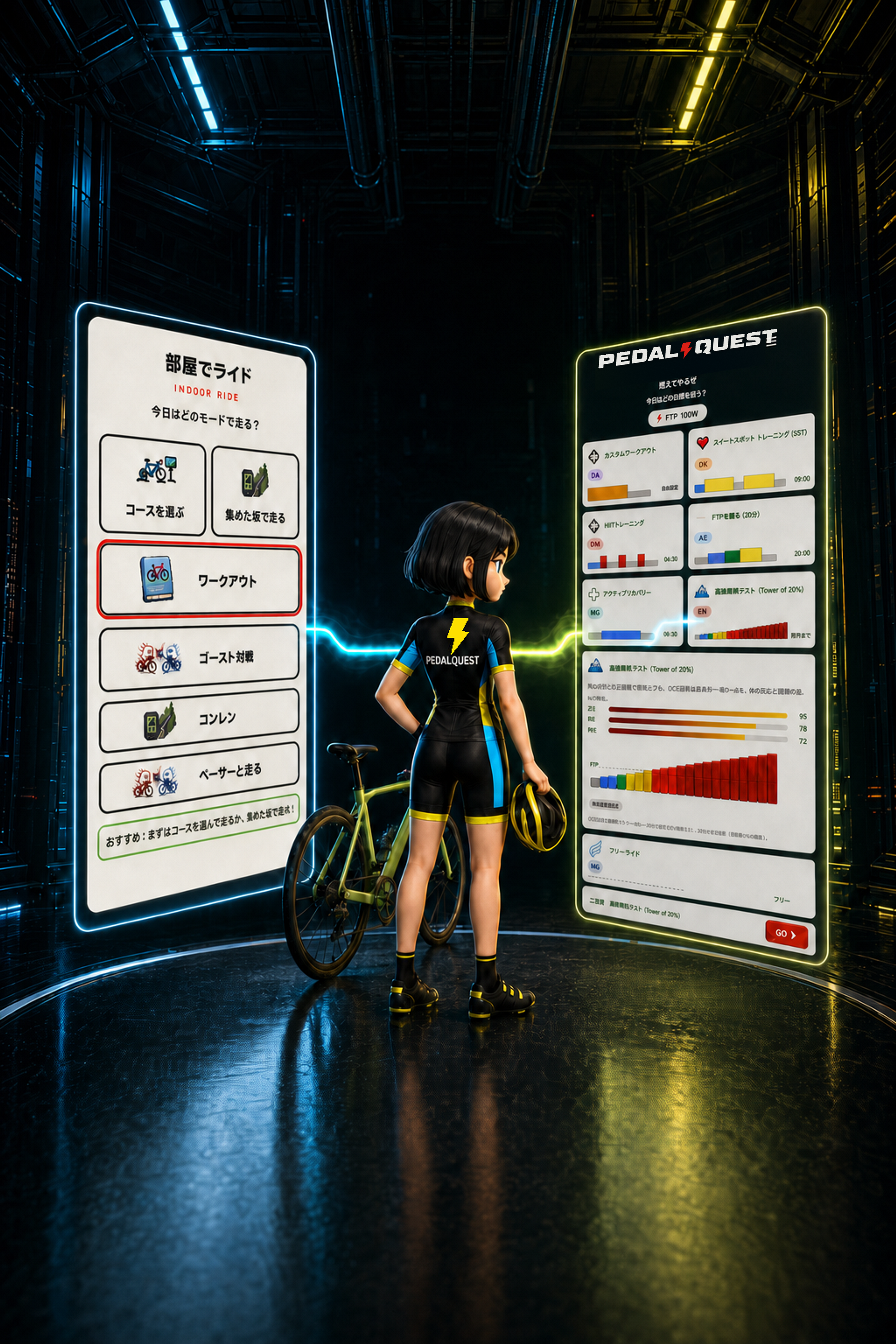 部屋でライドのモード選択とワークアウト選択を確認するPEDAL QUESTライダー