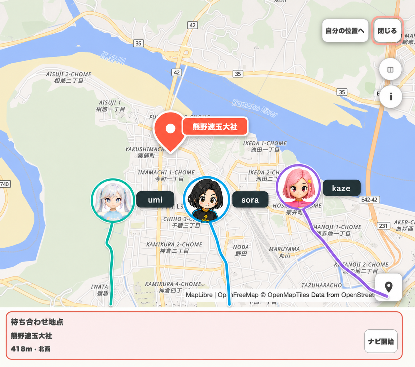 Live Meetの実画面上で顔が見えるsora・umi・kazeのPEDAL QUESTキャラクターが、走行済みルートの先端から熊野速玉大社へ向かうプレビュー