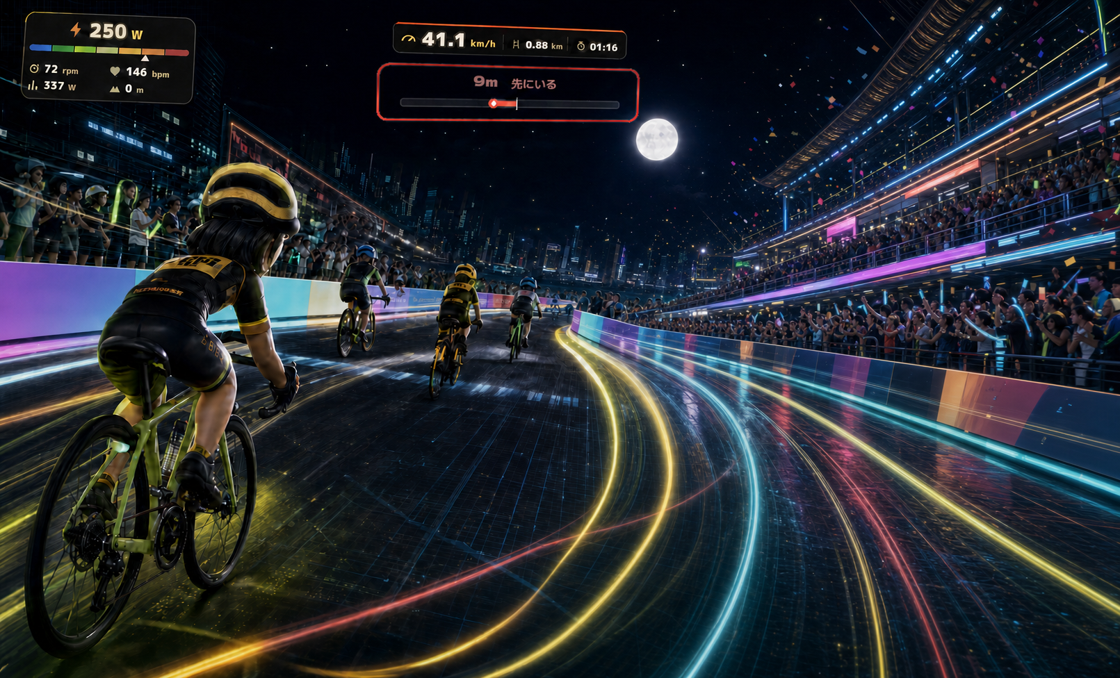 ネオンに輝くナイトクリテリウムを走るPEDAL QUESTライダーと、次期育成ゲームにつながるレース世界