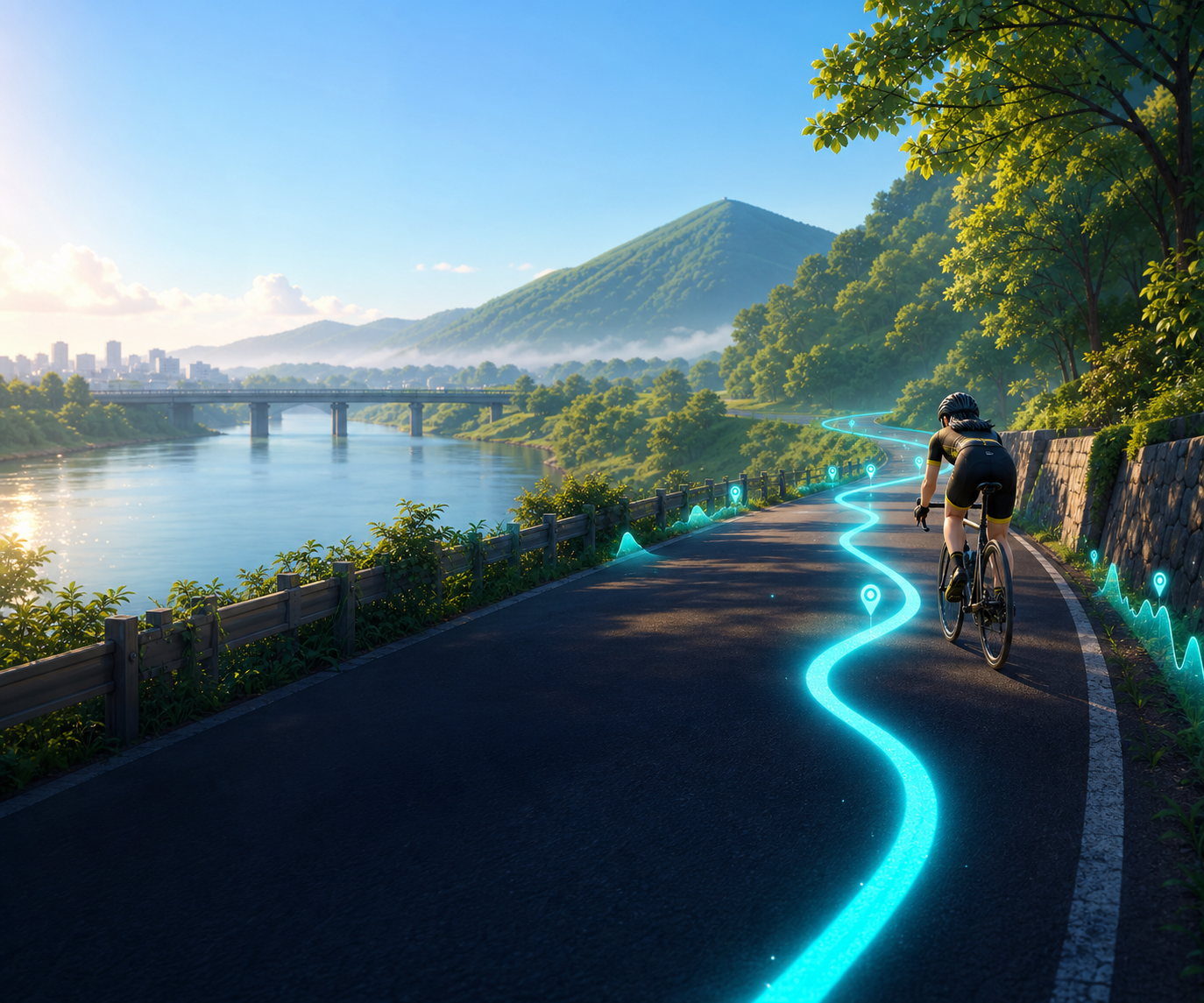 GPSルートに沿って山と川の間を走るPEDAL QUESTの屋外ライド