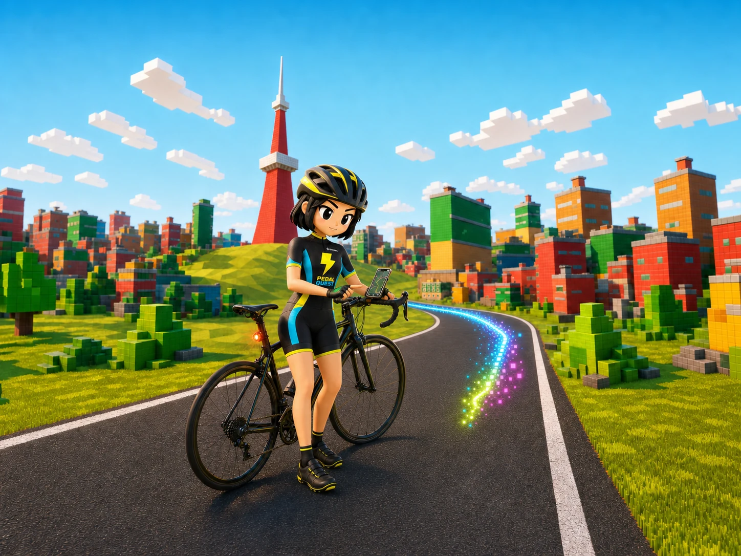 PQキャラクターが自転車の出発準備をする様子